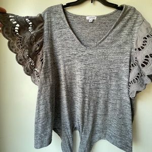 Eyeshadow - XXL tie front Gray Eyelet Flutter sleeve blouse